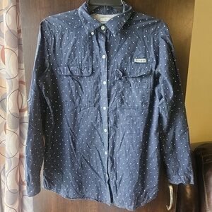 Columbia Navy Blue And White Polka Dot Button Down Shirt Size Small